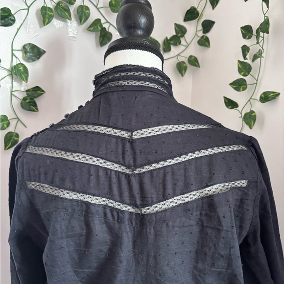 Women's Black Lace-Trim High-Neck Long Sleeve Blouse - Picture 11 of 14